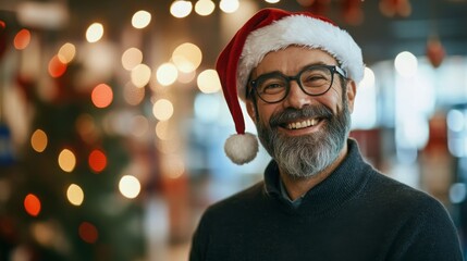A cheerful man wearing a Santa hat smiles broadly, surrounded by colorful holiday lights and decorations in a warm, inviting atmosphere, creating a sense of joy and celebration.