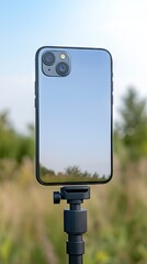 A smartphone mounted on a tripod captures a serene meadow bathed in sunlight on a wooden table outdoors during a clear day