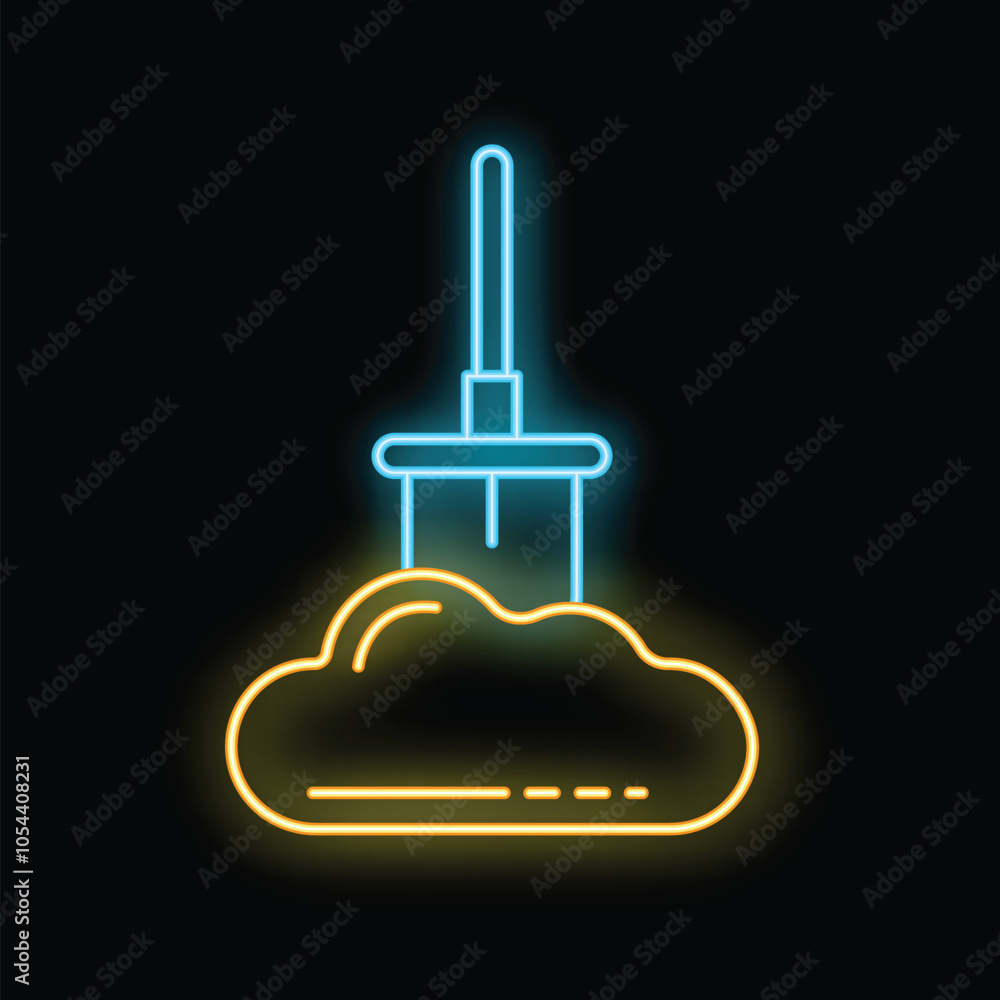 Poster neon glowing icon of a shovel digging a cloud representing data mining and server hosting