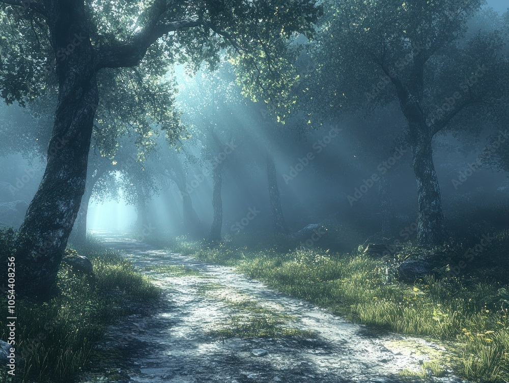 Poster A Path Through a Misty Forest with Sunlight Filtering Through the Trees