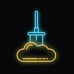 Neon glowing icon of a shovel digging a cloud representing data mining and server hosting