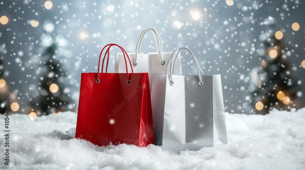 Poster three shopping bags, one red and two white, sit in the snow in front of a blurred background of a sn