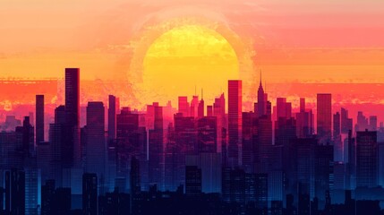 Fototapeta premium A stunning cityscape is silhouetted against a vibrant sunset, showcasing sharp building outlines set against a glowing orange and pink sky for dramatic effect.