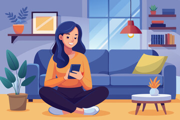 Smiling Woman Using Smartphone on Cozy Sofa in Modern Living Room