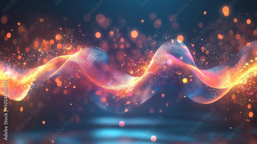 Poster a striking image of dynamic, fiery waves interspersed with glowing particles in motion, creating a s