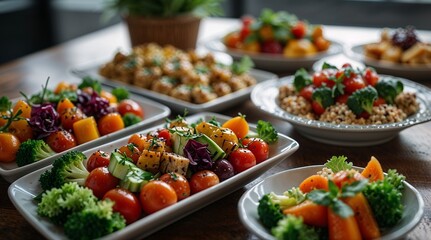 Obraz premium Freshly prepared vegetable and fruit salads arranged on plates, vibrant presentation for a healthy meal 