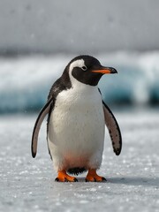 Obraz premium Playful penguin standing on ice, isolated on white.