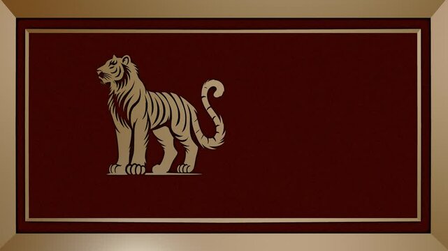 Chinese zodiac sign of a tiger on the left on a metal frame with red velvet background