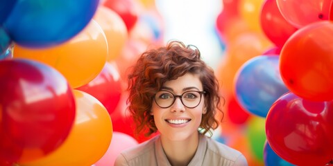 Obraz premium Portrait of beautiful woman with inflatable rainbow balloons. Generative AI.