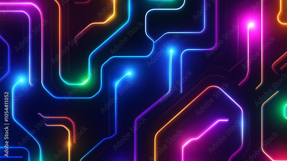 Poster a pattern made up of bright led-like lines forming an abstract network or maze. bold, vibrant colors