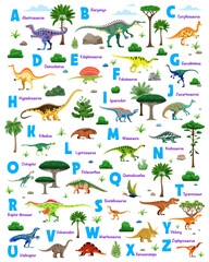 Dinosaur alphabet with cartoon dino animals and letters vector typography poster. Cute ABC set with jurassic dinosaur characters and prehistoric plants. Funny tyrannosaurus rex, vulcanodon and raptor