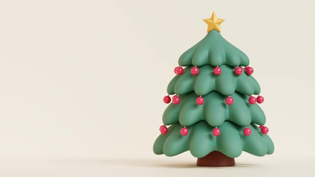 3d animation of a decorated  Christmas tree with red baubles and star on top