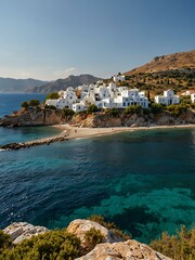 Naklejka premium Scenic view of a Greek island from a picturesque village.