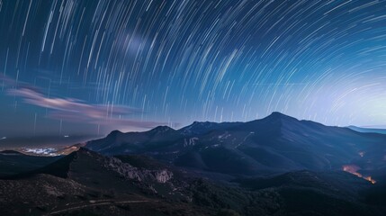 Star trails over a mountain landscape, emphasizing the rotation of Earth and the wonders of the night sky