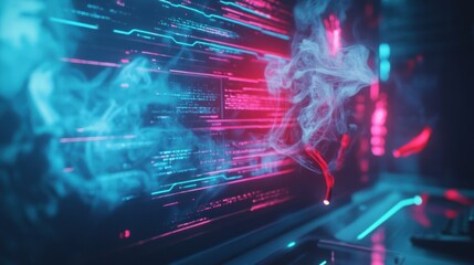 Fototapeta premium A close-up shot of smoke rising from a computer monitor, with neon blue and pink lights reflecting off the surface.