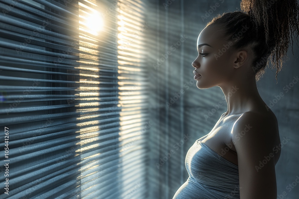 Poster portrait of a woman with a contemplative expression softly backlit in a modern abstract space with s