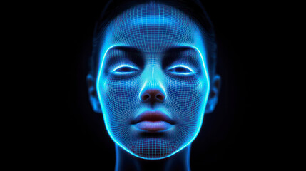 Innovative grid structure face scan biometric technology highlighting facial recognition in a futuristic setting
