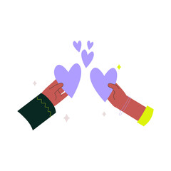 Shared love symbolized by hands holding purple hearts in flat vector illustration representing affection, connection, and relationships