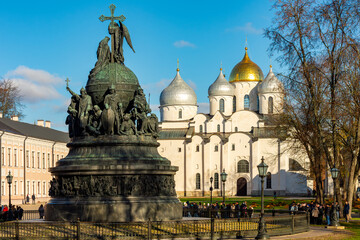 Obraz premium Millennium of Russia monument and Cathedral of St. Sophia in Novgorod Kremlin, Russia