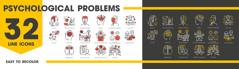 Psychological disorder problem icons, mental health line symbols. Vector psychology, brain and mind therapy, psychotherapy outline signs of stress, anxiety, depression, bipolar and neurosis disorders