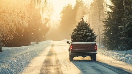 A car drives along a snowy forest road with a fresh Christmas tree secured on the roof. The golden sunlight, a magical winter atmosphere, preparation and delivery for new year holiday celebrations