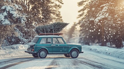 A car drives along a snowy forest road with a fresh Christmas tree secured on the roof. The golden sunlight, a magical winter atmosphere, preparation and delivery for new year holiday celebrations