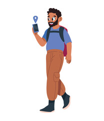 backpacker using gps in mobile phone