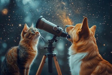 A curious cat and dog stargazing through a telescope at night