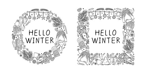 Christmas wreath. Vector illustration of winter pattern with isolated elements. Hand elements. Background for greeting card design, holiday decor.