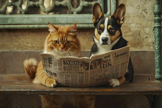 Cats and dogs reading a newspaper together on a bench indoors