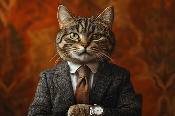A distinguished cat dressed in a suit with a watch sitting confidently