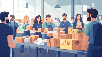 A scene where from afar Volunteers together pack donations for a charity event promoting kindness and philanthropy
