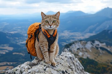 Adventurous cat with backpack perched on mountain peak in daylight