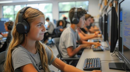 Students in a computer lab working on coding projects, showcasing technology and future skills