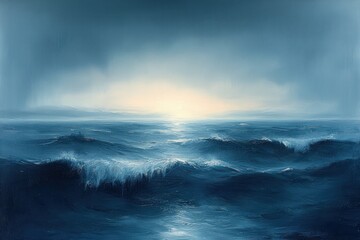 A Coastal Painting Depicting a Rough Sea and a Misty Horizon