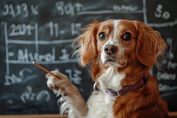 Clever dog teaches math lessons in a classroom setting