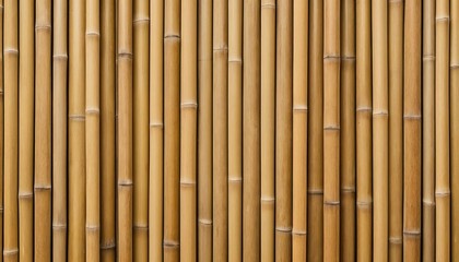 Fototapeta premium Bamboo wall background with vertical slats in warm light brown and golden yellow, detailed texture to create a zen atmosphere