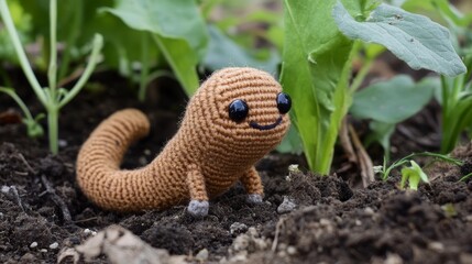 Obraz premium A cute crocheted worm with big eyes is nestled in rich soil, surrounded by lush green leaves, capturing a whimsical garden scene with charm and detail.