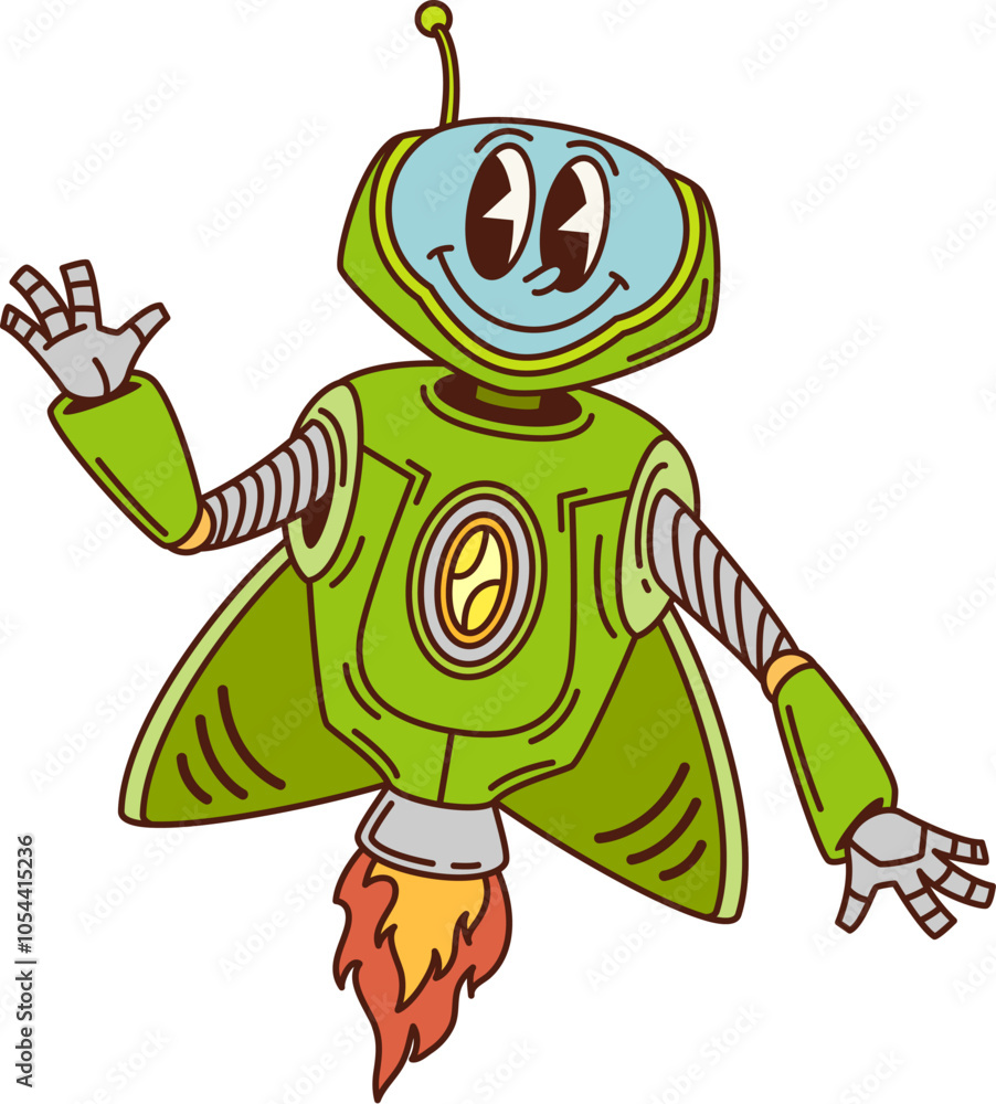 Fototapete cartoon retro groovy flying robot character or space alien droid, vector funky personage. retro robo