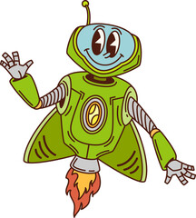 Cartoon retro groovy flying robot character or space alien droid, vector funky personage. Retro robot rocket or galaxy space android and spaceman bot with funny face and smile for kids retro cyborg