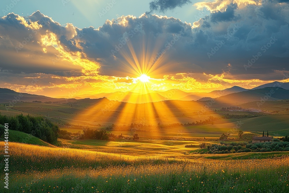 Poster sunset over rolling hills with sunbeams and a farm in the distance