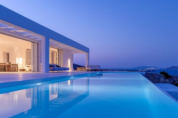 Elegant Mykonos villa boasting stunning sea views and a serene infinity pool at twilight, perfect for a relaxing getaway