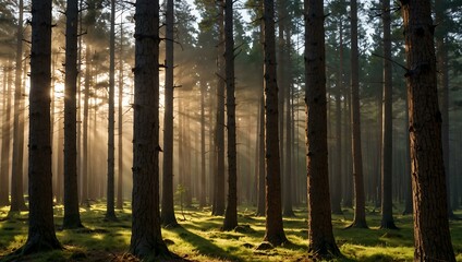 Obraz premium Sunlit trunks of a pine forest in the morning.