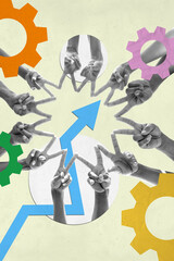 Vertical photo collage of business people hands show fingers star gesture gearwheel settings arrow progress isolated on painted background