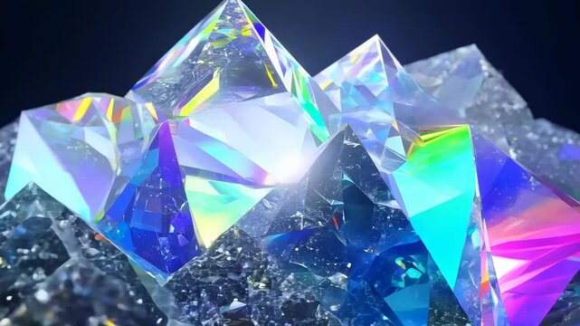 Abstract shimmering crystals. Rotating translucent diamonds, reflecting and refracting light in unpredictable, abstract patterns. Mineral texture, 3D design.