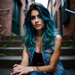 A woman with blue hair sitting on the stairs of her house with the background blurred