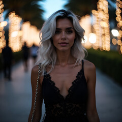 A blonde woman in a black dress on the street