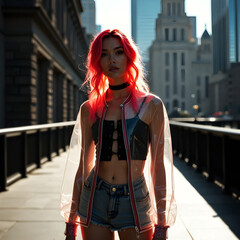 A woman with orange hair posing for photos on the street