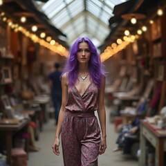 A pink-haired woman walking past an art exhibit