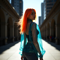 A woman with orange hair posing for a photoshoot on the street
